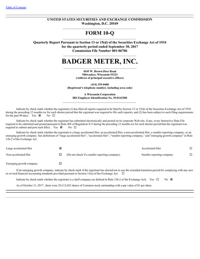 Thumbnail Badger Meter
 Quarterly Report 2017-q3