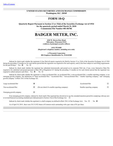 Thumbnail Badger Meter
 Quarterly Report 2018-q1