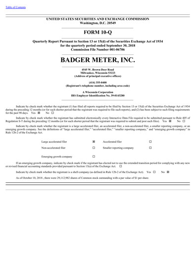 Thumbnail Badger Meter
 Quarterly Report 2018-q3