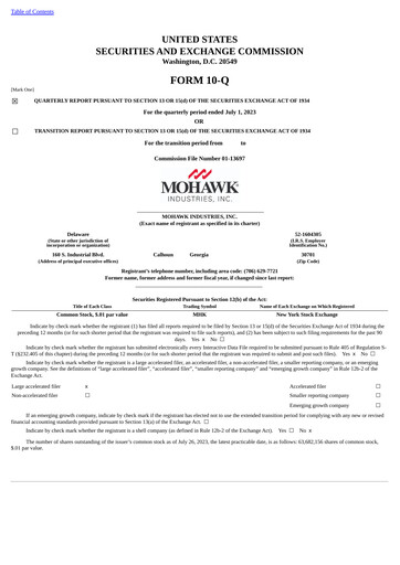 Thumbnail Mohawk Industries
 Quarterly Report 2023-q2