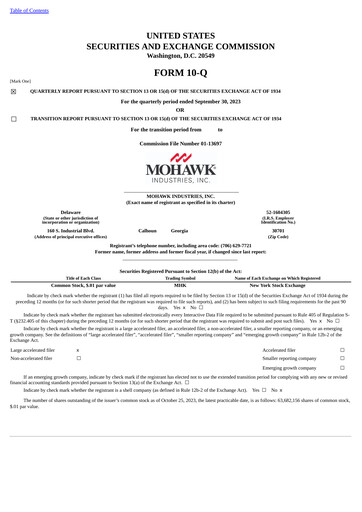 Thumbnail Mohawk Industries
 Quarterly Report 2023-q3
