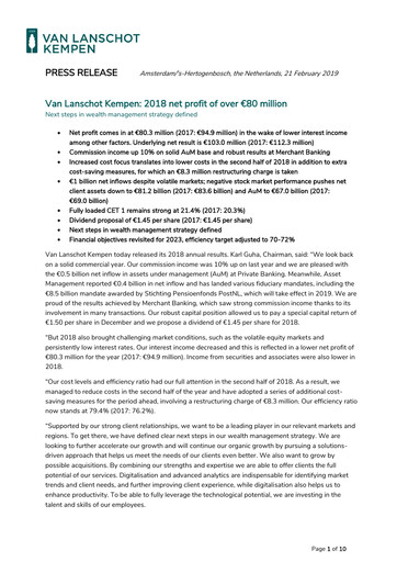 Thumbnail Van Lanschot Kempen Financial Statement 2018