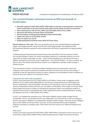 Thumbnail Van Lanschot Kempen Financial Statement 2021