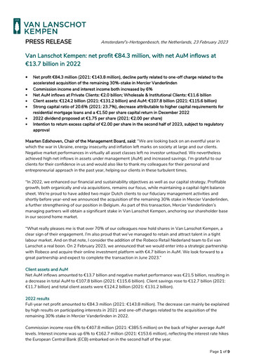 Thumbnail Van Lanschot Kempen Financial Statement 2022