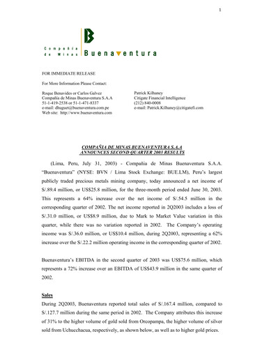 Miniature Buenaventura Mining Company  Bilan financier 2003-h1