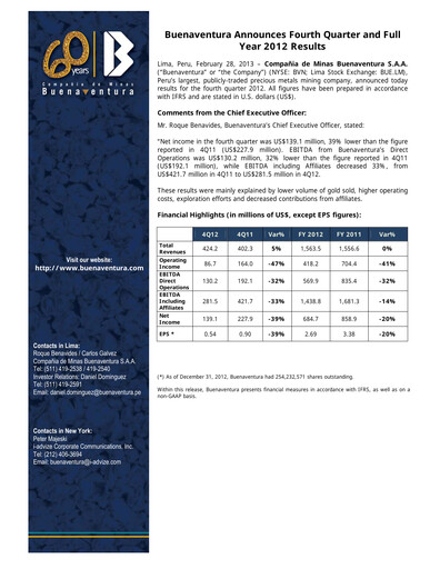 Miniature Buenaventura Mining Company  Bilan financier 2012