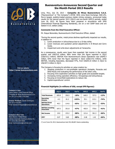 Miniature Buenaventura Mining Company  Bilan financier 2013-h1