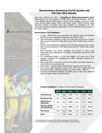 Miniature Buenaventura Mining Company  Bilan financier 2015