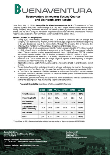 Miniature Buenaventura Mining Company  Bilan financier 2019-h1