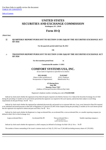 Thumbnail Comfort Systems USA Quarterly Report 2012-q2