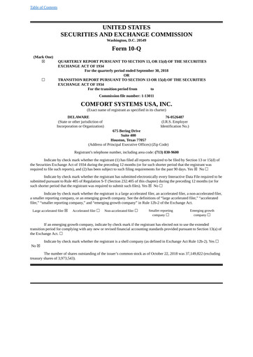 Thumbnail Comfort Systems USA Quarterly Report 2018-q3