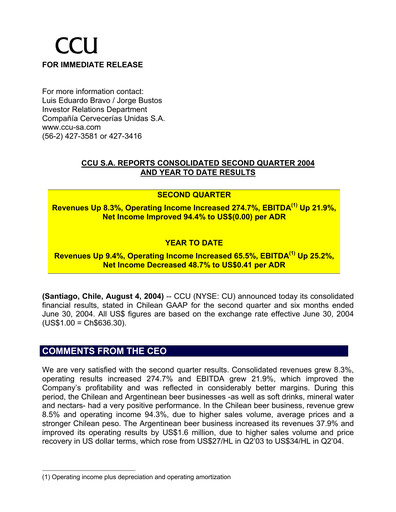 Thumbnail Compañía Cervecerías Unidas Quarterly Report 2004-q2