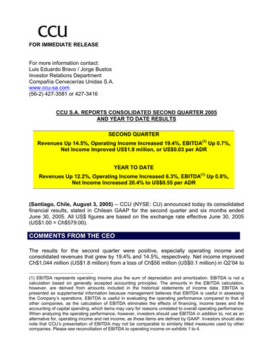 Thumbnail Compañía Cervecerías Unidas Quarterly Report 2005-q2