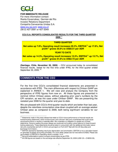 Thumbnail Compañía Cervecerías Unidas Quarterly Report 2009-q3