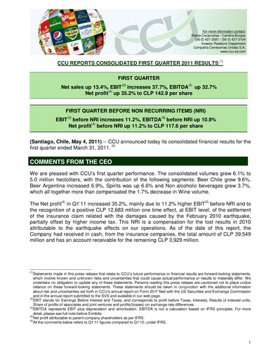 Thumbnail Compañía Cervecerías Unidas Quarterly Report 2011-q1