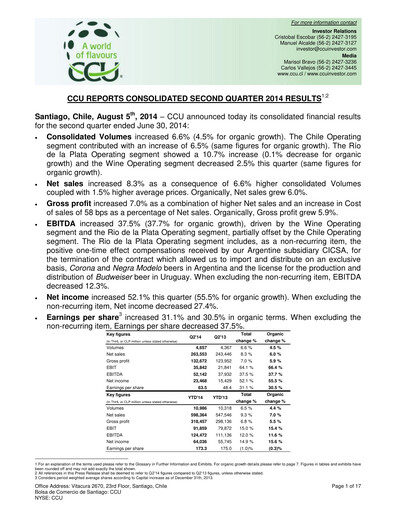Thumbnail Compañía Cervecerías Unidas Quarterly Report 2014-q2