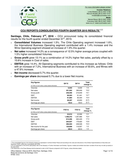 Thumbnail Compañía Cervecerías Unidas Quarterly Report 2015-q4