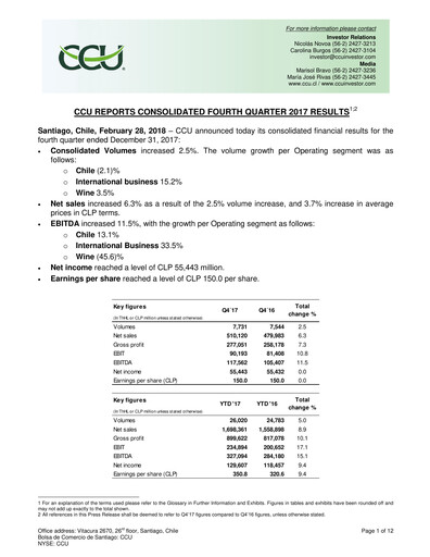 Thumbnail Compañía Cervecerías Unidas Quarterly Report 2017-q4