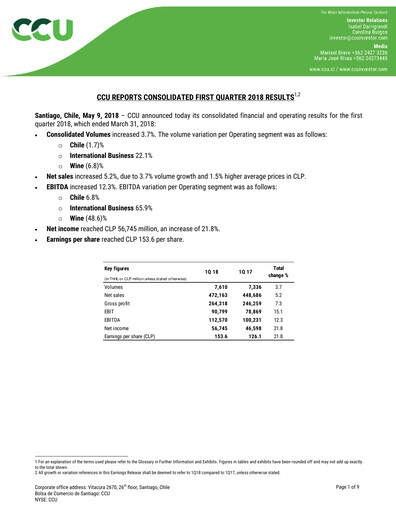 Thumbnail Compañía Cervecerías Unidas Quarterly Report 2018-q1