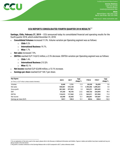 Thumbnail Compañía Cervecerías Unidas Quarterly Report 2018-q4