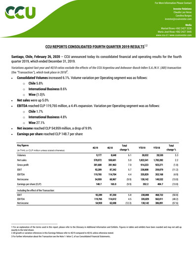 Thumbnail Compañía Cervecerías Unidas Quarterly Report 2019-q4