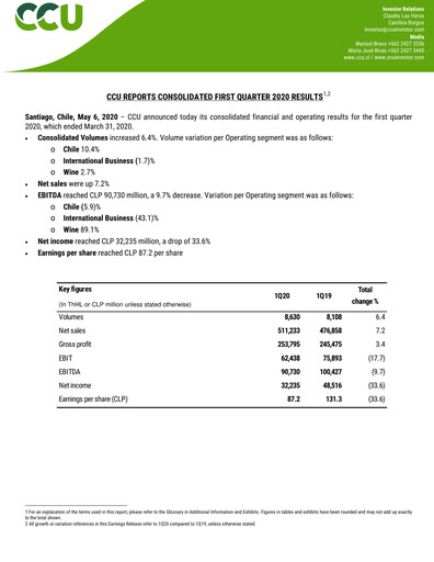 Thumbnail Compañía Cervecerías Unidas Quarterly Report 2020-q1