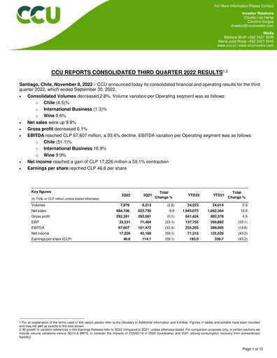 Thumbnail Compañía Cervecerías Unidas Quarterly Report 2022-q3