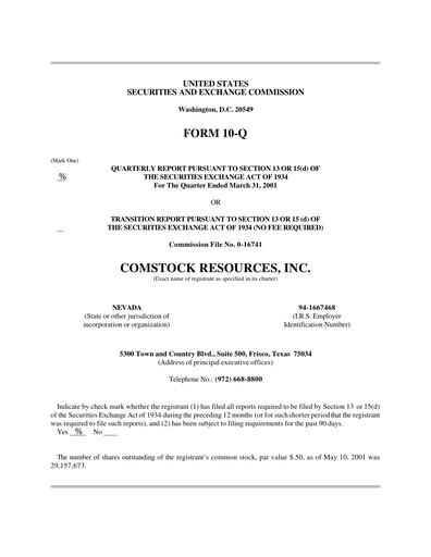 Miniature Comstock Resources Rapport trimestriel 2001-q1