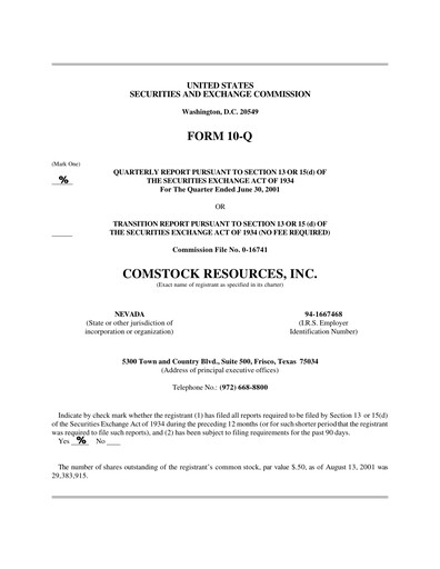 Miniature Comstock Resources Rapport trimestriel 2001-q2