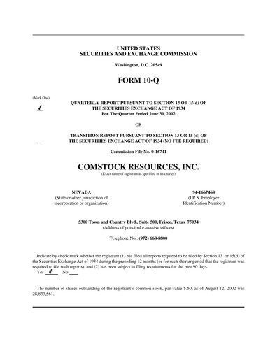 Miniature Comstock Resources Rapport trimestriel 2002-q2
