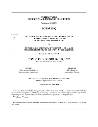 Miniature Comstock Resources Rapport trimestriel 2002-q3