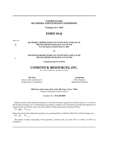 Miniature Comstock Resources Rapport trimestriel 2003-q1