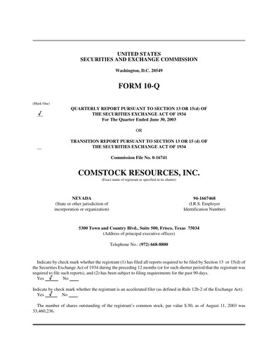 Miniature Comstock Resources Rapport trimestriel 2003-q2