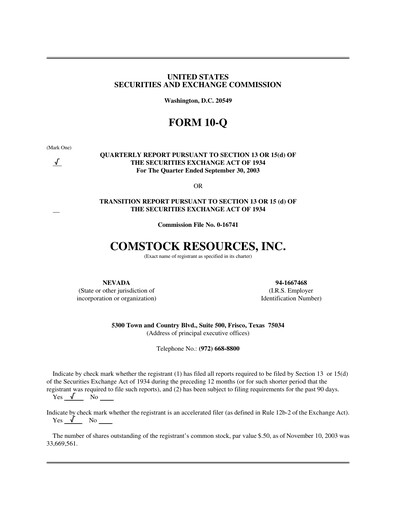 Miniature Comstock Resources Rapport trimestriel 2003-q3