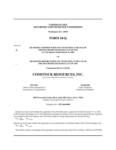 Miniature Comstock Resources Rapport trimestriel 2004-q1