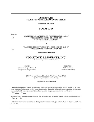Miniature Comstock Resources Rapport trimestriel 2004-q2