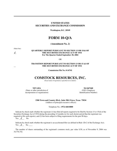 Miniature Comstock Resources Rapport trimestriel 2004-q3