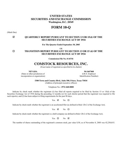 Miniature Comstock Resources Rapport trimestriel 2005-q3