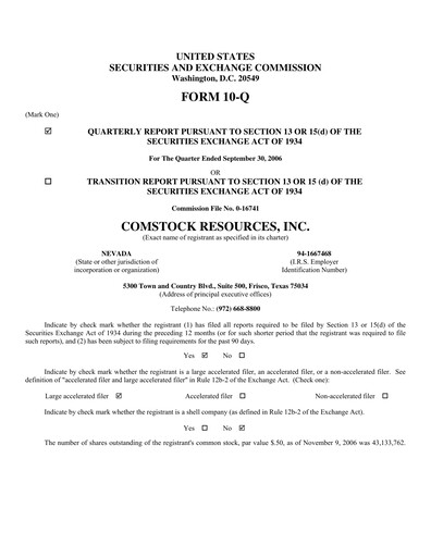 Miniature Comstock Resources Rapport trimestriel 2006-q3