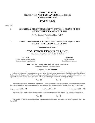 Miniature Comstock Resources Rapport trimestriel 2007-q2