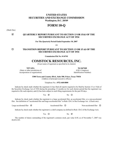 Miniature Comstock Resources Rapport trimestriel 2007-q3