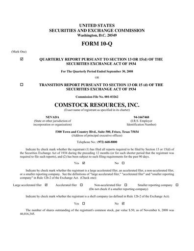 Miniature Comstock Resources Rapport trimestriel 2008-q3
