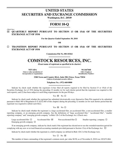 Miniature Comstock Resources Rapport trimestriel 2018-q3