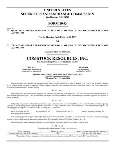 Miniature Comstock Resources Rapport trimestriel 2019-q1