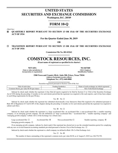 Miniature Comstock Resources Rapport trimestriel 2019-q2