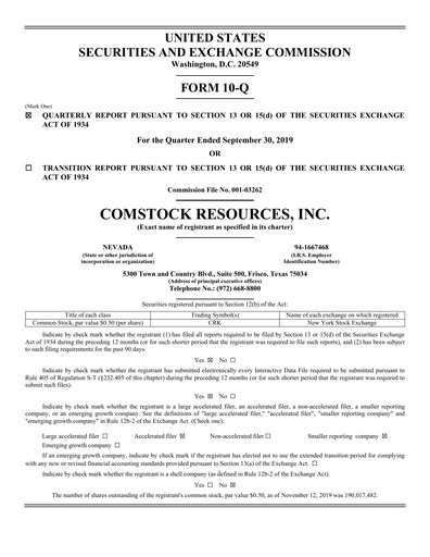 Miniature Comstock Resources Rapport trimestriel 2019-q3