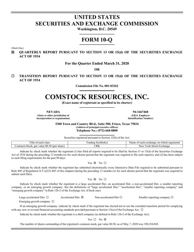 Miniature Comstock Resources Rapport trimestriel 2020-q1