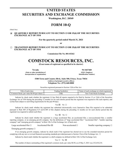 Miniature Comstock Resources Rapport trimestriel 2021-q1