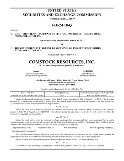 Miniature Comstock Resources Rapport trimestriel 2022-q1