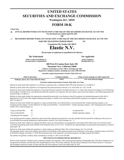 Thumbnail Elastic NV
 Annual Report fy2021